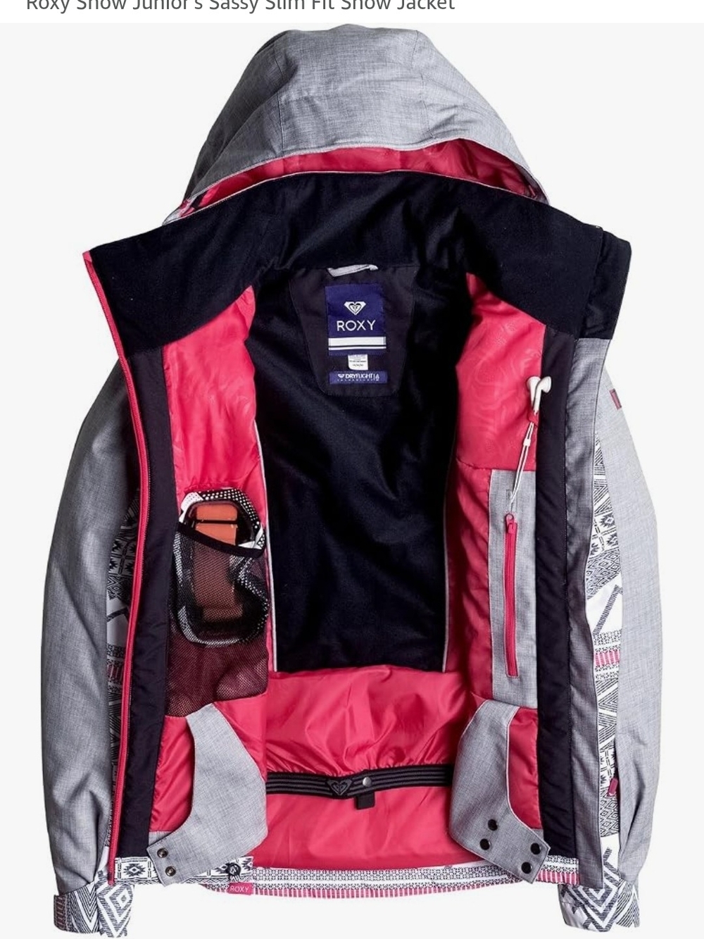 Roxy Girls' Grey & Pink Insulated Snow Jacket